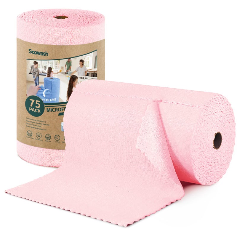 SOOWASH Microfiber Cleaning Cloths Roll 75 Pack Tear Away Microfiber Towels Roll 12 x 12 Lint Free Rags Reusable Cleaning Cloths Washable Scratch FreeUltra Absorbent Dish RagsPink